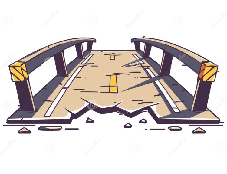 broken cartoon bridge crumbling structure damaged architecture yellow brown colors predominate broken cartoon bridge crumbling 329023834 आने-जाने के लिए बनाए गए बाईपास में वाहन फंसने का खतरा